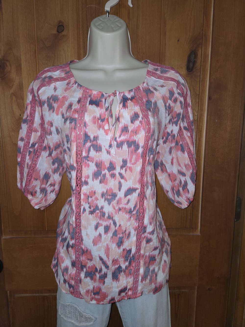 Como Blue Women's Pink Multi-Print Peasant Blouse with‎ Lace Panels